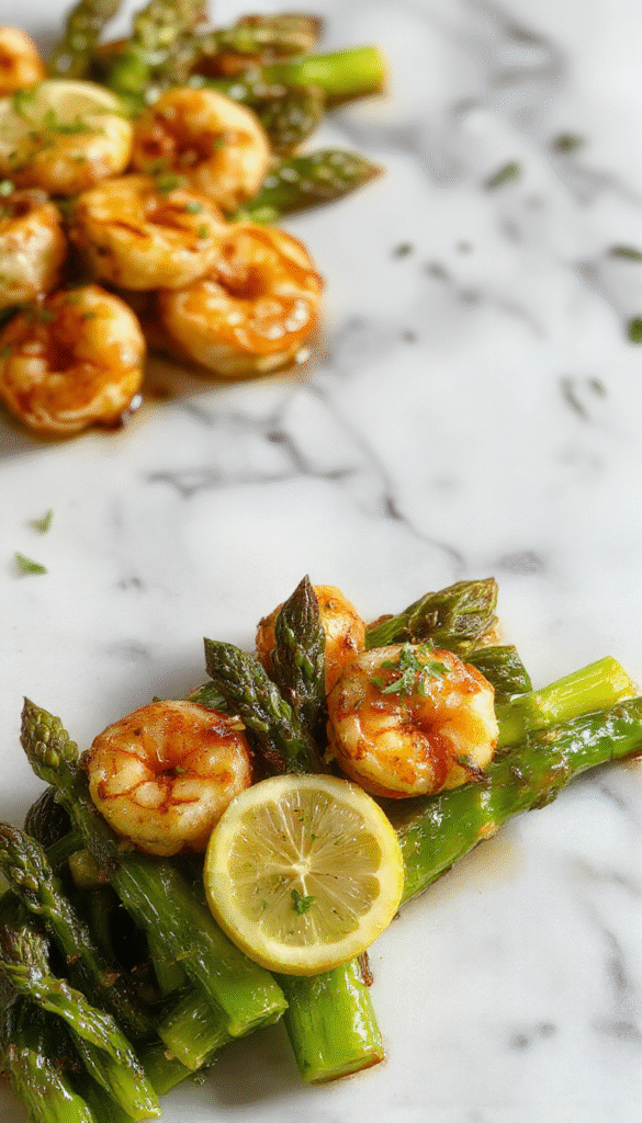 A vibrant plate featuring tender shrimp coated in a glossy lemon garlic sauce, nestled atop crisp green asparagus. The dish is garnished with fresh lemon slices and chopped herbs, the colors contrasting beautifully between the bright yellow lemon, green asparagus, and pink shrimp, all styled elegantly on a white plate with a light backdrop.