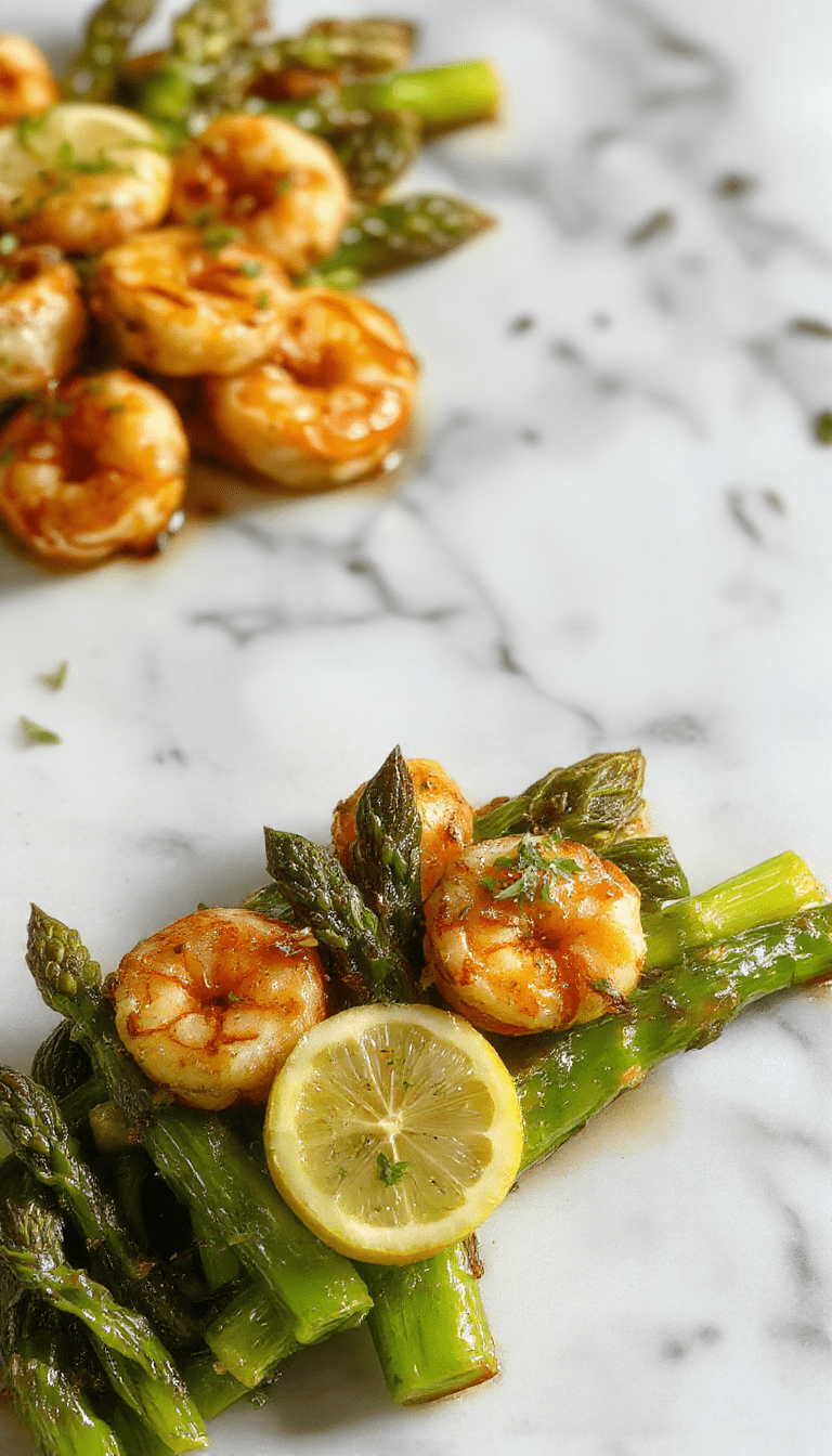 A vibrant plate featuring tender shrimp coated in a glossy lemon garlic sauce, nestled atop crisp green asparagus. The dish is garnished with fresh lemon slices and chopped herbs, the colors contrasting beautifully between the bright yellow lemon, green asparagus, and pink shrimp, all styled elegantly on a white plate with a light backdrop.