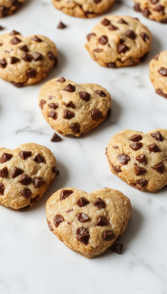 Close-up of adorable heart-shaped chocolate chip cookies with golden-brown edges and melted chocolate chips, arranged on a rustic wooden platter with a pink ribbon in the background, showcasing a glossy finish and inviting texture.