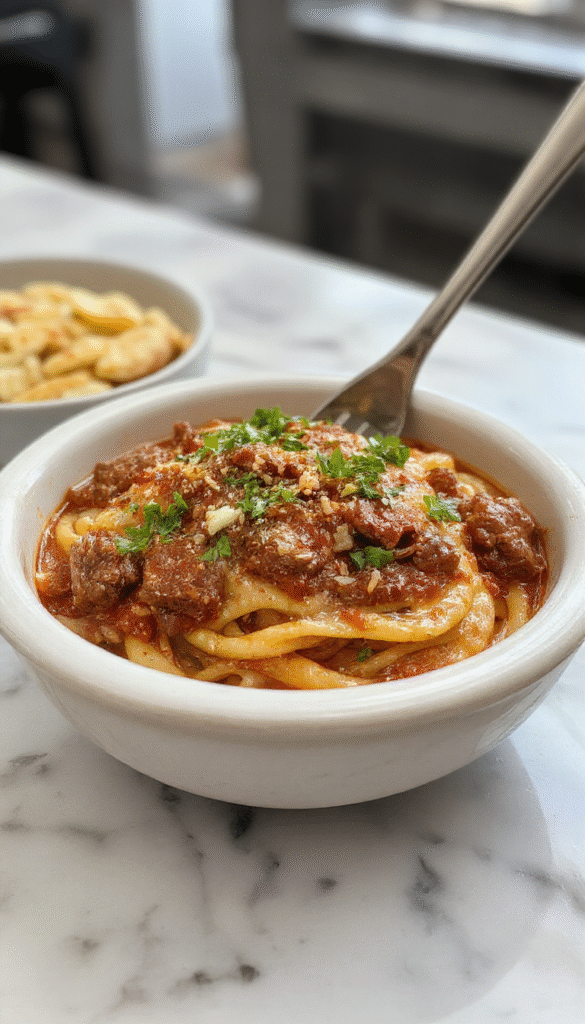 Colorful Asian-style ground beef spaghetti plated beautifully with glossy noodles, tender beef, vibrant green scallions, and a sprinkle of sesame seeds on a rustic wooden table.