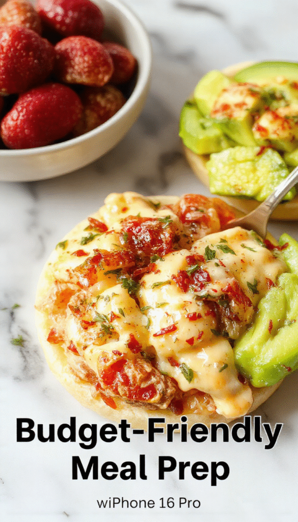 Colorful meal prep containers filled with a variety of affordable ingredients like rice, vegetables, and protein, all neatly arranged showcasing textures and vibrant colors.