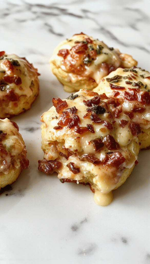 Colorful bubbling biscuit pizza casserole topped with melted cheese, sliced pepperoni, fresh herbs, served in a baking dish with golden-brown crust and gooey cheese pull