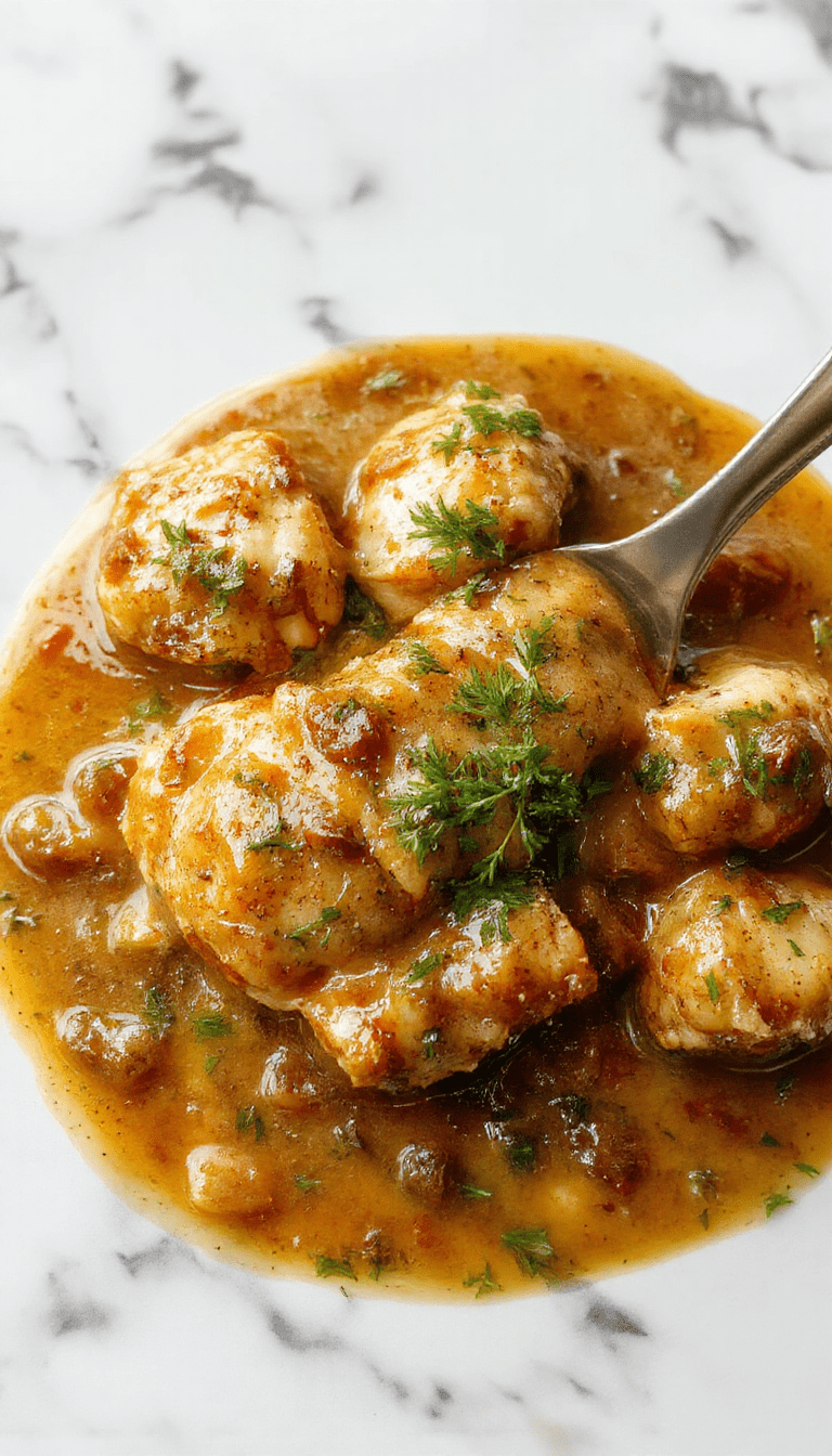 A close-up of a hearty skillet showcasing tender shredded chicken smothered in glossy, thick brown gravy, garnished with fresh herbs and served alongside creamy mashed potatoes, all on a rustic wooden table with natural lighting highlighting the rich textures and inviting colors.