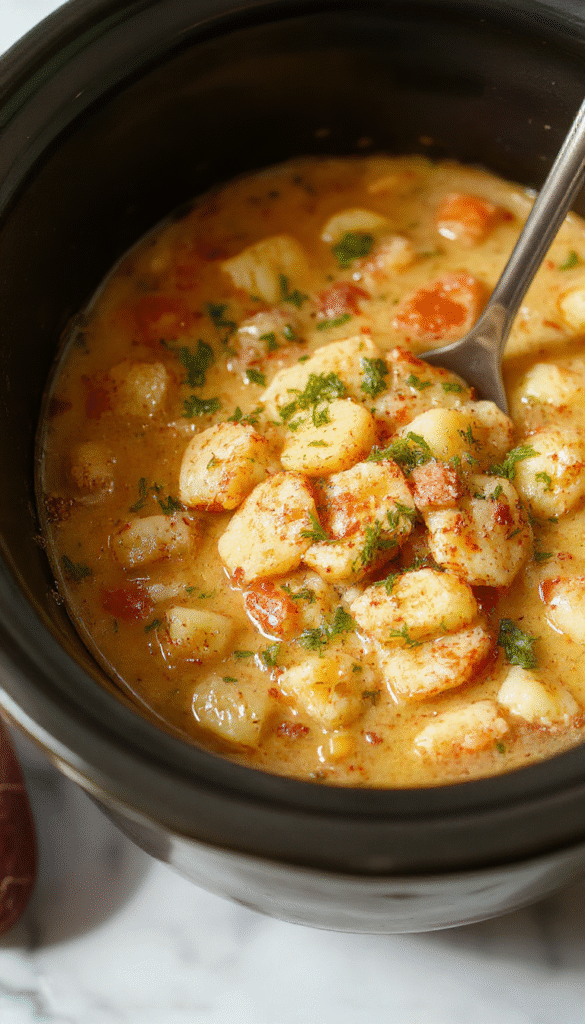 A hearty bowl of creamy potato soup garnished with chopped green onions and shredded cheese, served beside a spoon on a rustic wooden table, with crispy hashbrowns sprinkled on top and steam rising, showcasing a warm, inviting, and comforting dish.