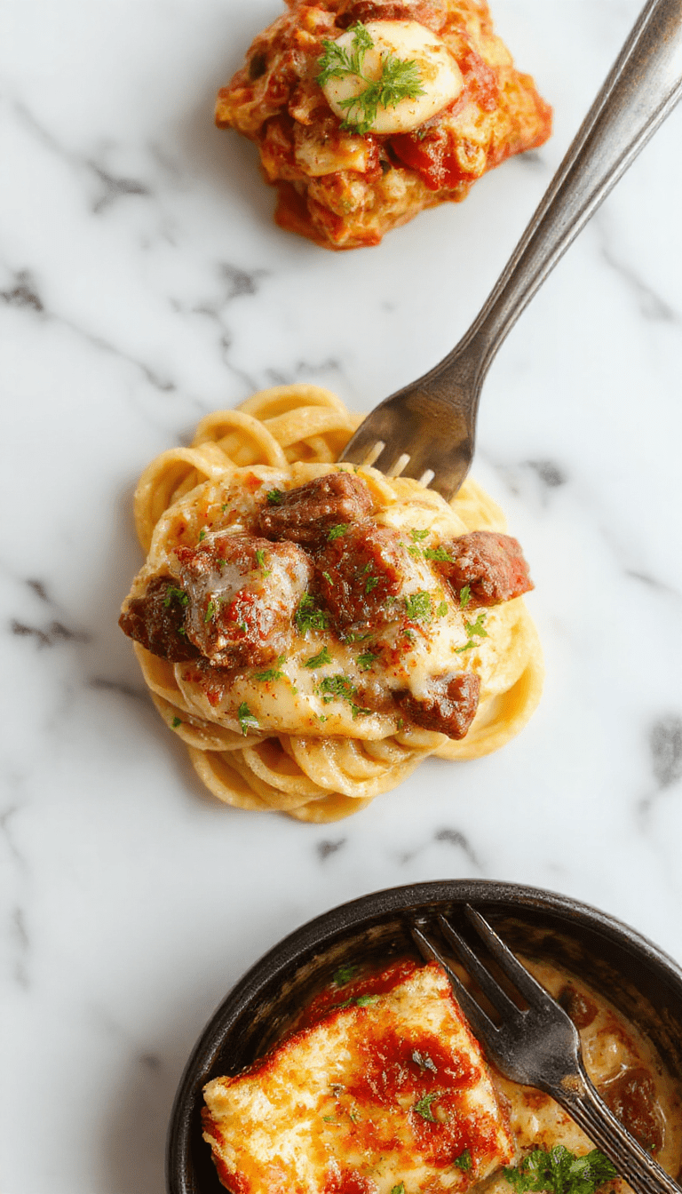 A vibrant plate of creamy beef and garlic butter pasta garnished with fresh herbs, featuring tender beef slices, al dente pasta coated in a luscious sauce, and a sprinkle of grated cheese, set on a rustic wooden table with a soft, warm background.