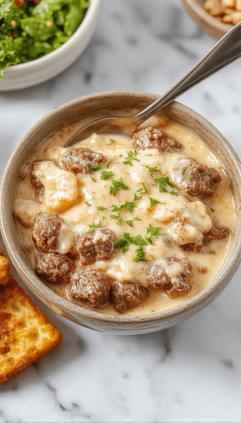 A close-up of a creamy beef stroganoff dish served in a rustic white bowl, topped with fresh parsley. The dish features tender ground beef in a rich, velvety mushroom gravy, accented with golden caramelized onions, and served alongside buttery egg noodles. The vibrant color contrast between the dark sauce and green herbs highlights the hearty, inviting presentation perfect for comfort food lovers.