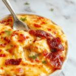A close-up of a creamy beer cheese dip in a rustic white bowl, topped with crispy bacon bits and sprinkled with chopped green onions. The dip has a smooth, velvety texture and a rich golden color, garnished with a side of crunchy toasted bread slices and fresh herbs. In the background, there's a glass of frothy beer, creating a warm, inviting atmosphere perfect for sharing.