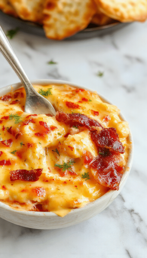 A close-up of a creamy beer cheese dip in a rustic white bowl, topped with crispy bacon bits and sprinkled with chopped green onions. The dip has a smooth, velvety texture and a rich golden color, garnished with a side of crunchy toasted bread slices and fresh herbs. In the background, there's a glass of frothy beer, creating a warm, inviting atmosphere perfect for sharing.