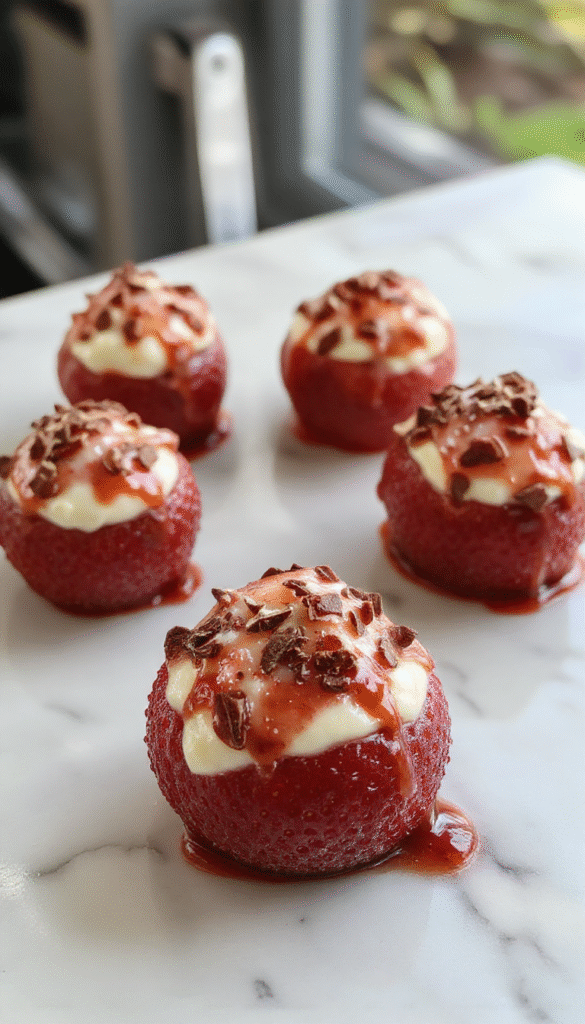 Vibrant red strawberries sliced and filled with smooth, creamy cheesecake filling, topped with a drizzle of chocolate and mint leaves, artfully arranged on a white plate with a rustic wooden background.