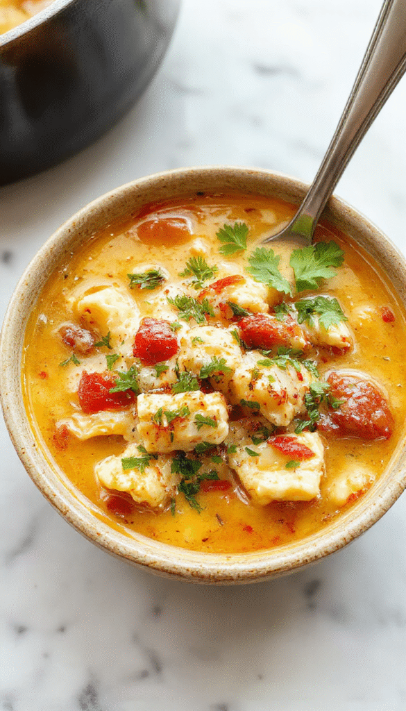 A bowl of creamy chicken enchilada soup garnished with shredded cheese, chopped cilantro, and a dollop of sour cream. The soup has a rich, vibrant orange color with chunks of tender chicken, melted cheese, and a smooth, velvety texture. The bowl is placed on a rustic wooden table with fresh ingredients like peppers and tortillas in the background, styled to look warm and inviting.