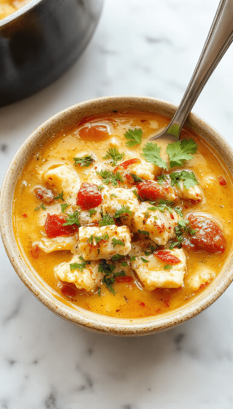 A bowl of creamy chicken enchilada soup garnished with shredded cheese, chopped cilantro, and a dollop of sour cream. The soup has a rich, vibrant orange color with chunks of tender chicken, melted cheese, and a smooth, velvety texture. The bowl is placed on a rustic wooden table with fresh ingredients like peppers and tortillas in the background, styled to look warm and inviting.