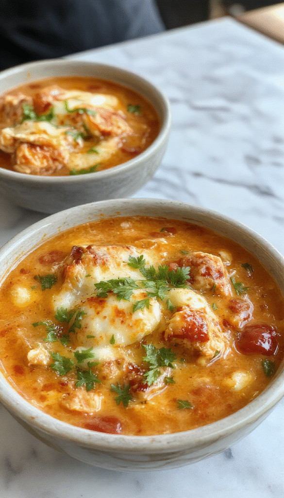 A steaming bowl of creamy chicken enchilada soup topped with melted cheese, fresh cilantro, and diced avocado, served with warm tortilla chips on a rustic wooden table
