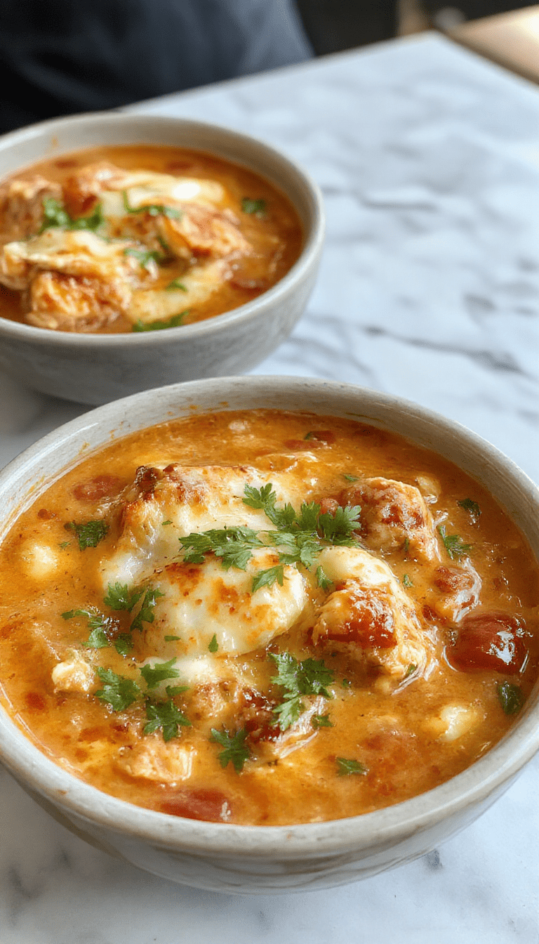 A steaming bowl of creamy chicken enchilada soup topped with melted cheese, fresh cilantro, and diced avocado, served with warm tortilla chips on a rustic wooden table