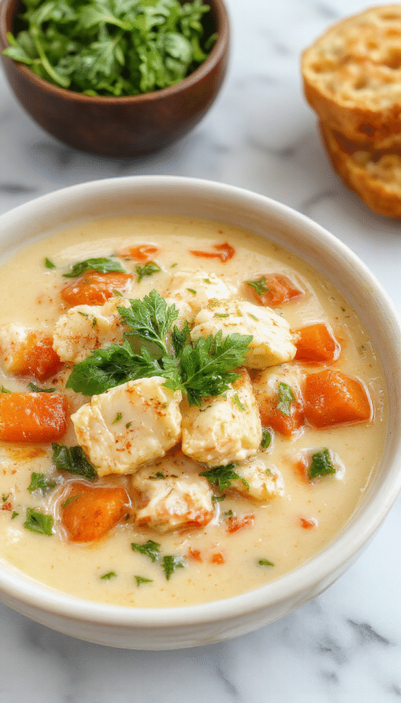 A vibrant bowl of creamy chicken pasta soup garnished with fresh spinach and julienned carrots, topped with grated cheese and herbs, served hot in a rustic bowl on a wooden table with a spoon beside it, capturing the rich textures and fresh ingredients.