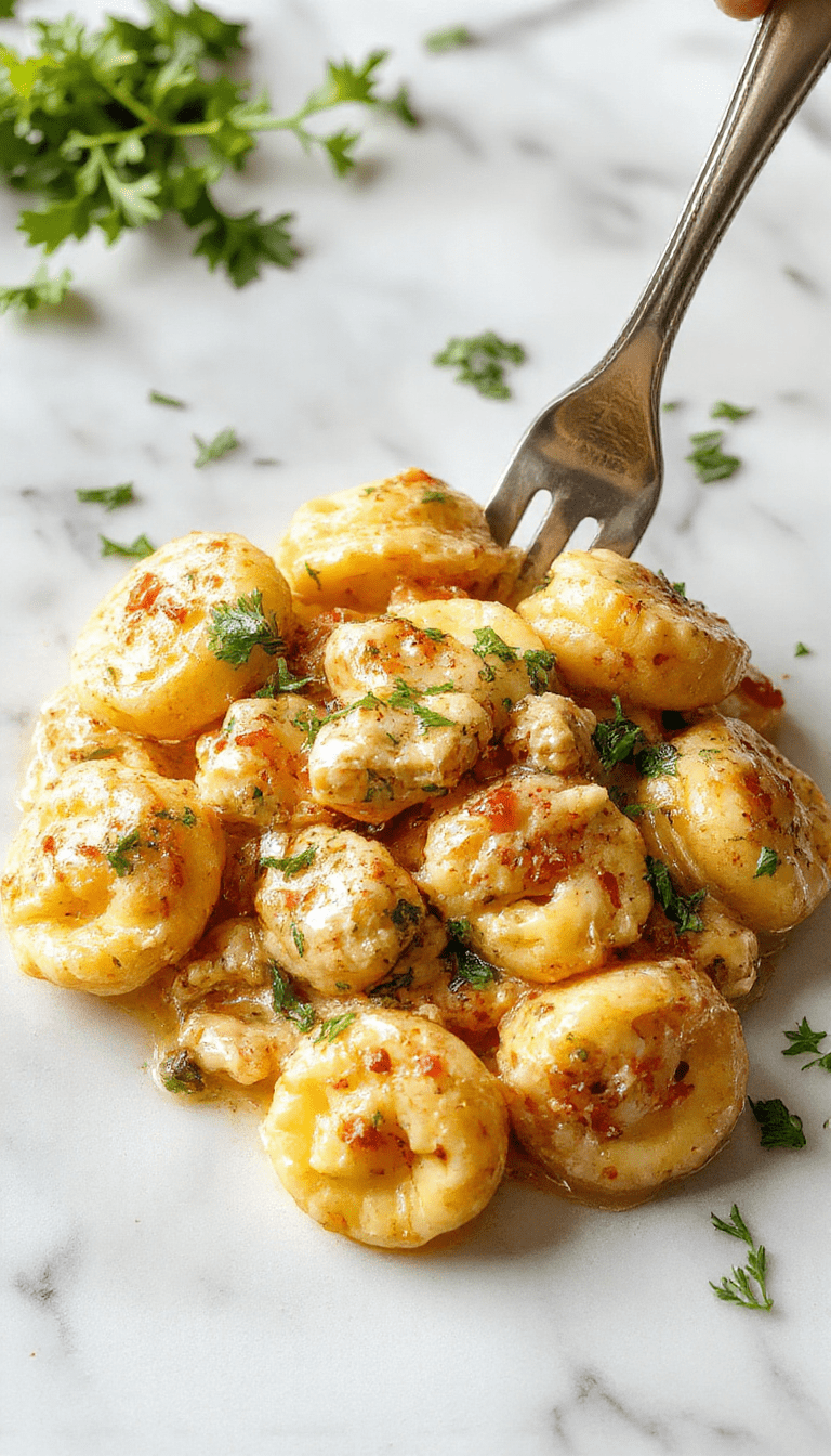 A vibrant plate of creamy chicken tortellini topped with fresh herbs, served on a white ceramic dish. The dish features golden-brown tortellini enveloped in a luscious, creamy sauce, garnished with chopped parsley and grated Parmesan, with a rustic wooden table background adding warmth and charm.