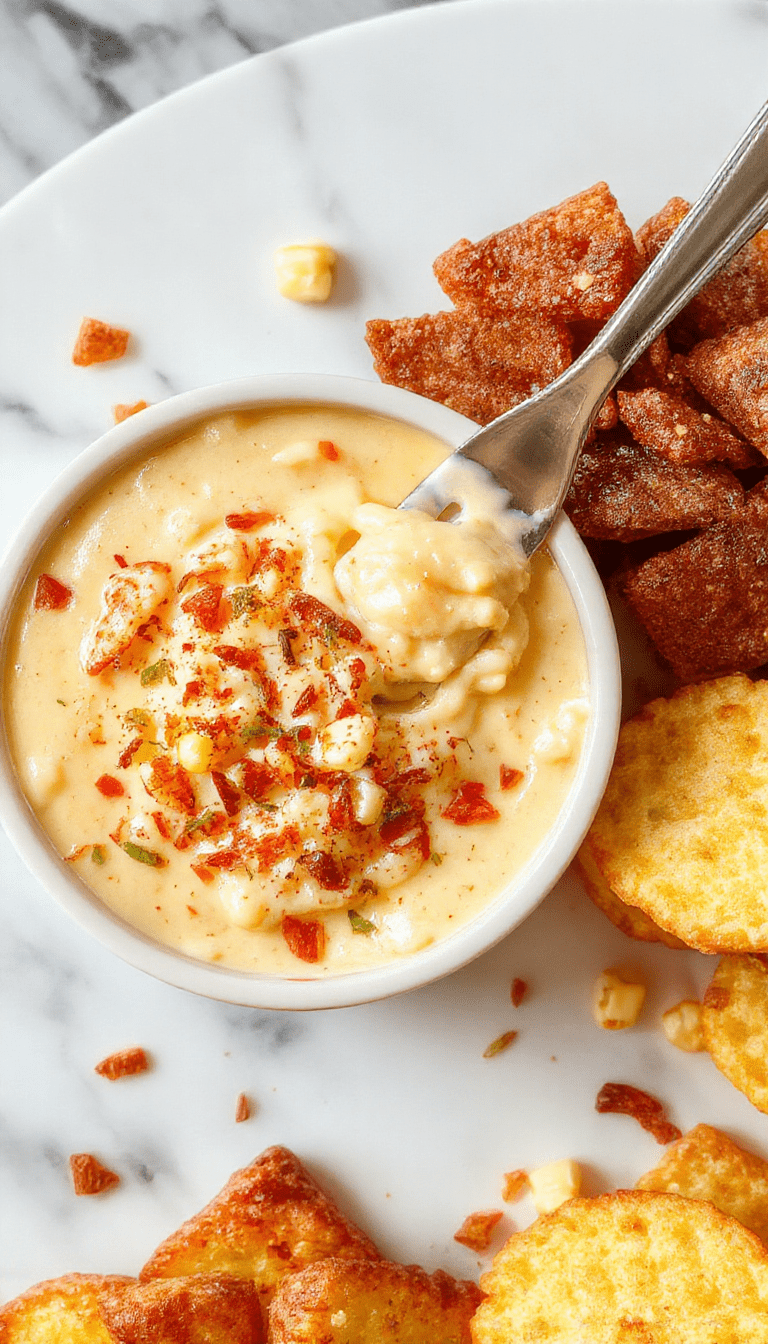 A vibrant bowl of crack corn dip featuring a creamy, cheesy texture with golden-yellow corn kernels topped with fresh chopped herbs, served alongside crispy tortilla chips on a rustic wooden platter, with a colorful napkin and a sprinkle of paprika around for added visual appeal.