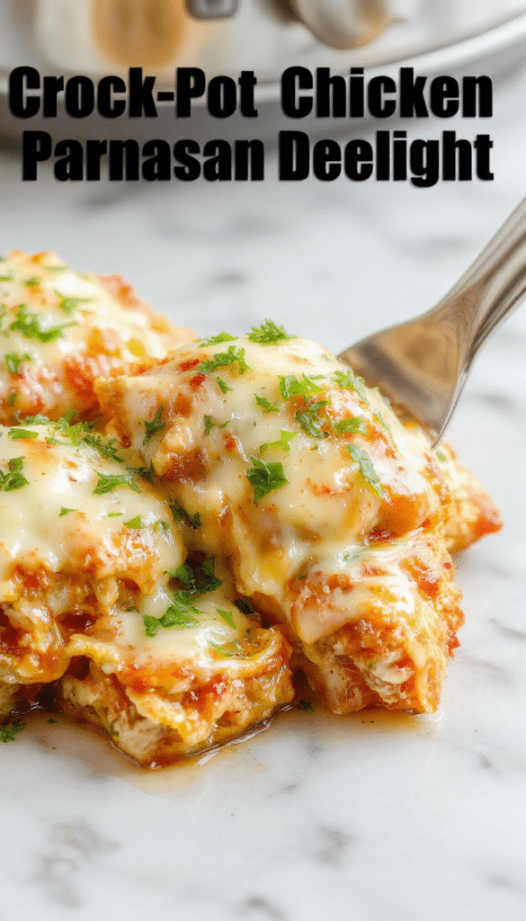 A close-up of a golden-brown breaded chicken breast topped with melted mozzarella cheese and marinara sauce, garnished with fresh basil, served on a white plate with a side of pasta and a sprinkle of Parmesan, all styled on a rustic wooden table with vibrant red and green accents.