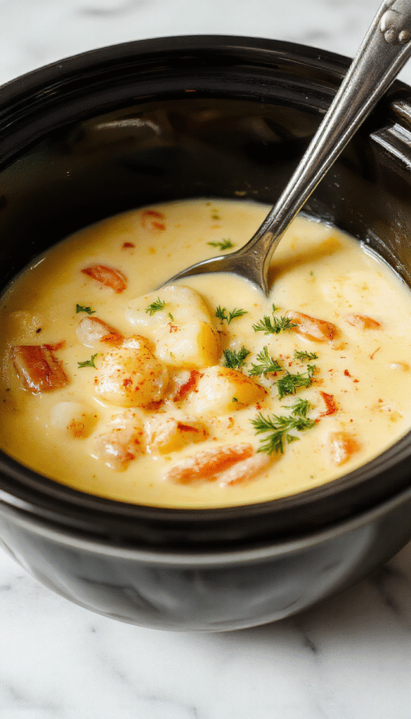 A steaming bowl of creamy potato soup topped with shredded cheese, fresh herbs, and crispy bacon bits, presented on a rustic wooden table with a spoon beside it, vibrant golden color with a velvety texture and garnished with chopped chives.
