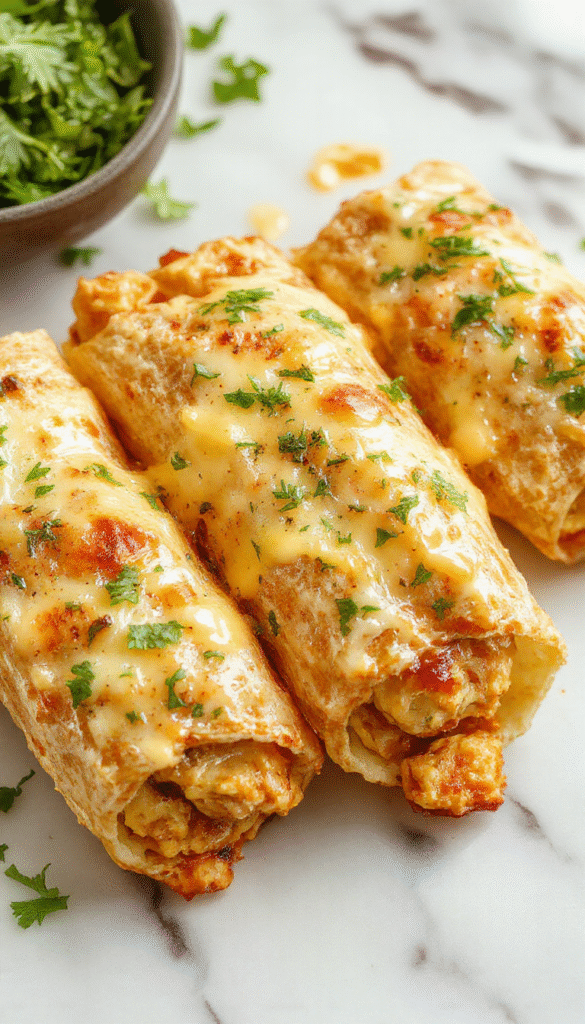 A close-up of golden-brown chicken wraps filled with creamy garlic sauce, melted cheese, and fresh herbs, cut open to reveal juicy chicken and gooey cheese inside, presented on a rustic wooden platter with a side of crispy vegetables, styled with sprigs of parsley and garlic cloves for a vibrant, appetizing look.