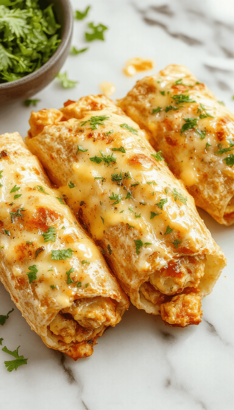 A close-up of golden-brown chicken wraps filled with creamy garlic sauce, melted cheese, and fresh herbs, cut open to reveal juicy chicken and gooey cheese inside, presented on a rustic wooden platter with a side of crispy vegetables, styled with sprigs of parsley and garlic cloves for a vibrant, appetizing look.