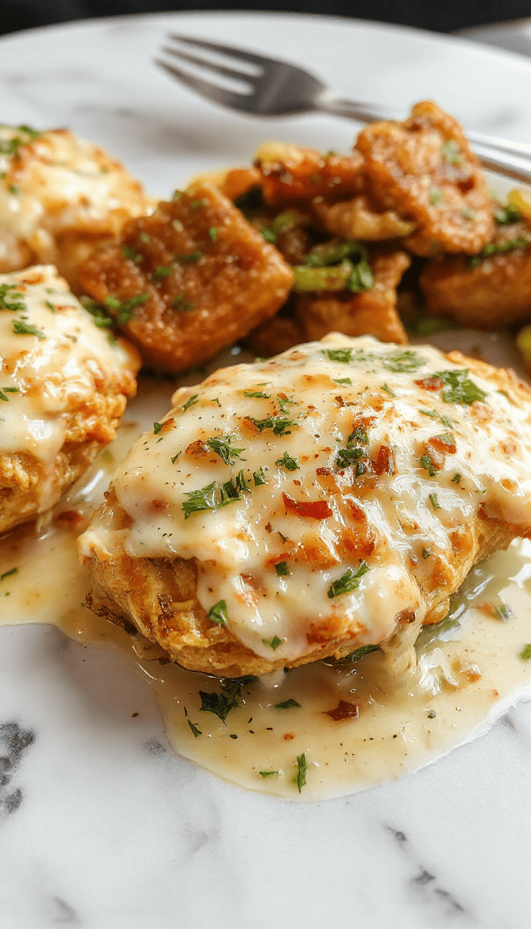 A close-up of a luscious creamy garlic Parmesan chicken dish served on a white plate, topped with crispy golden garlic slices and sprinkled with fresh parsley, with a rich sauce glistening under warm lighting, set against a rustic wooden table.