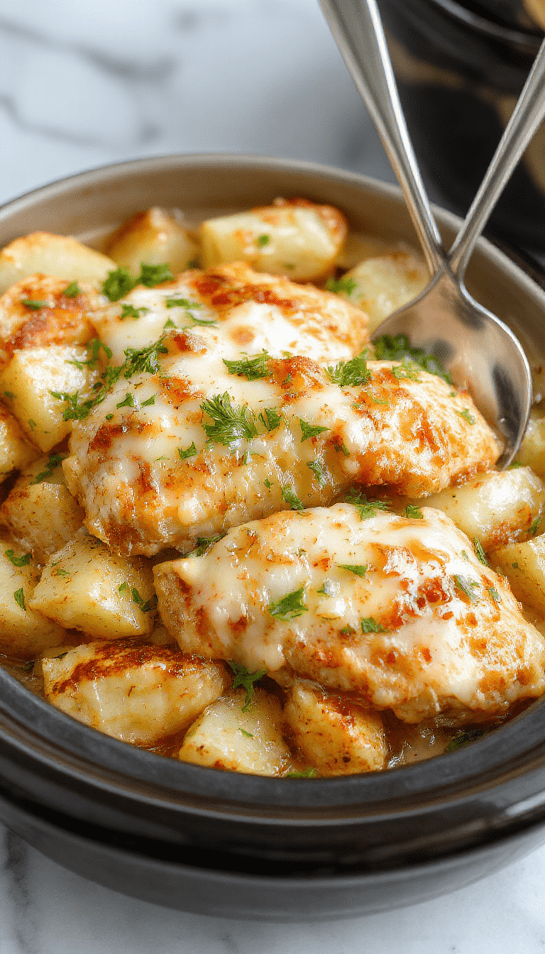 A vibrant plate featuring tender shredded chicken with a golden parmesan crust, roasted baby potatoes with crispy edges, garnished with fresh parsley; creamy garlic sauce drizzled over the dish, all set on a rustic wooden table with a side of steamed vegetables and a fork ready for bites.