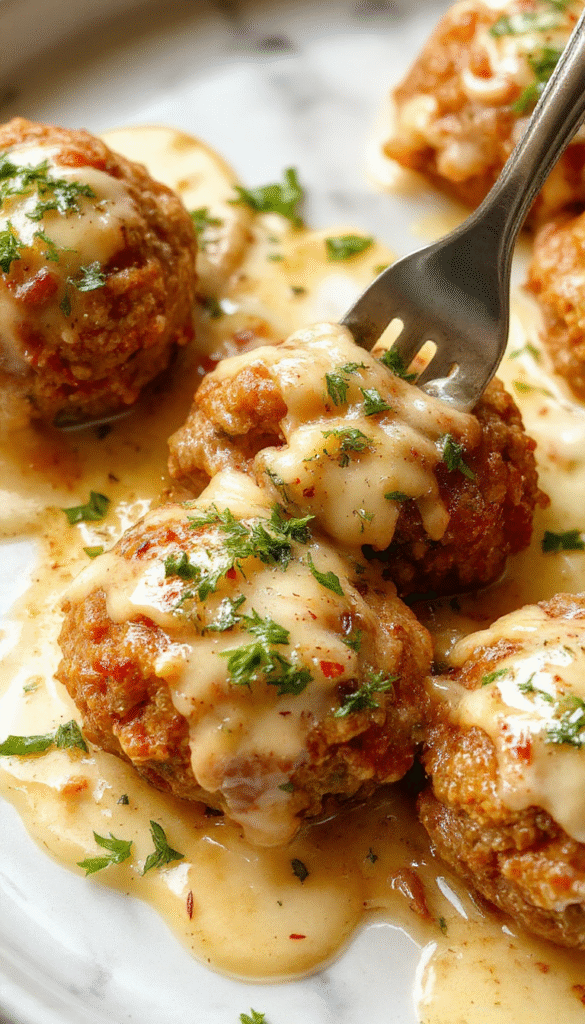 A close-up of golden-brown Italian meatballs with a slightly crispy exterior, topped with fresh chopped parsley and drizzled with rich tomato sauce, served on a rustic plate with a side of bread and fresh herbs, showcasing juicy and tender textures with vibrant colors.