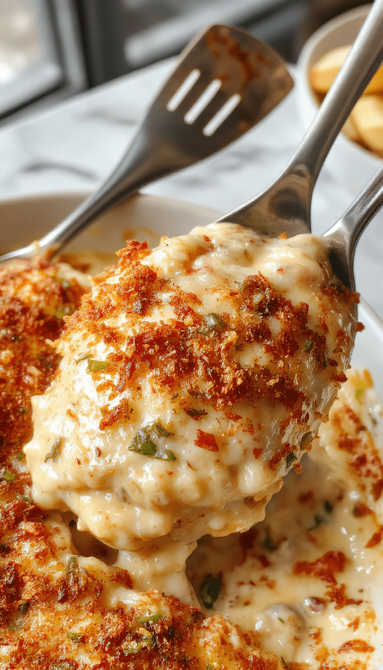 A close-up shot of a golden-brown chicken casserole in a baking dish, topped with melted cheese and crispy breadcrumbs, garnished with chopped parsley, vibrant green herbs, and served on a rustic wooden table