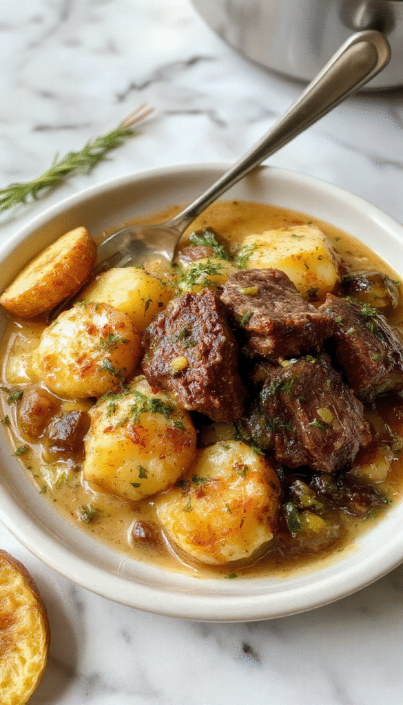 A beautifully plated Mississippi Pot Roast dinner featuring tender shredded beef smothered in rich gravy, garnished with fresh herbs, accompanied by golden roasted potatoes and colorful vegetables on a rustic wooden table, with steam rising and a cozy kitchen setting in the background.