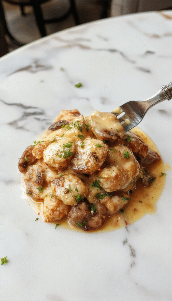 A close-up of a creamy mushroom chicken dish served on a white plate, featuring tender chicken breasts topped with a rich, velvety mushroom sauce, garnished with fresh herbs, set against a rustic wooden table with sautéed mushrooms and creamy sauce visible.