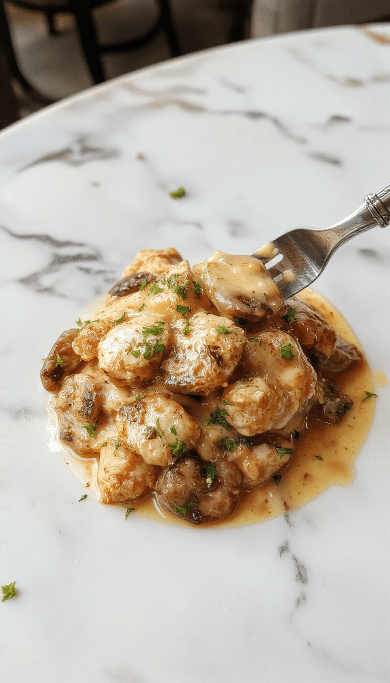 A close-up of a creamy mushroom chicken dish served on a white plate, featuring tender chicken breasts topped with a rich, velvety mushroom sauce, garnished with fresh herbs, set against a rustic wooden table with sautéed mushrooms and creamy sauce visible.