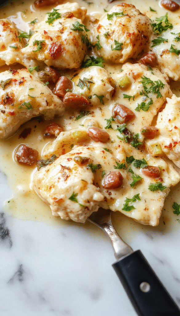 A vibrant skillet filled with tender chicken breasts coated in a creamy sauce, topped with sliced pepperoncini peppers, garnished with fresh herbs, served on a rustic wooden table.