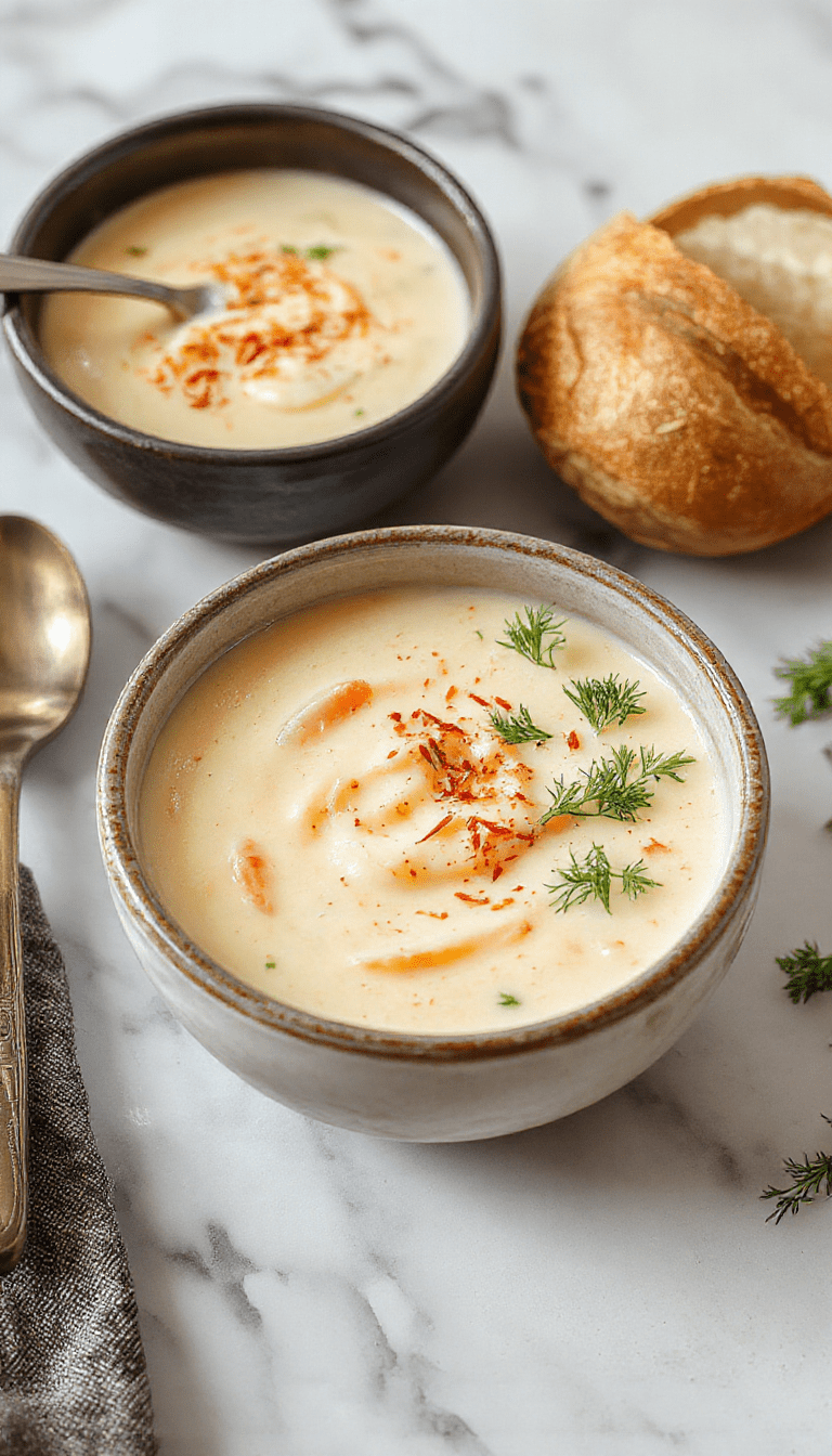 A rustic bowl of creamy potato soup topped with fresh parsley and crispy bacon bits, surrounded by rustic bread slices on a wooden table, showcasing a velvety texture and inviting appearance.