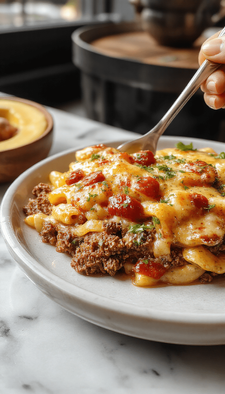A vibrant plate of creamy rotel pasta topped with seasoned ground beef, garnished with fresh parsley. The pasta is coated in a rich, cheesy sauce with visible chunks of tomatoes and melted cheese, served on a white ceramic plate with a rustic wooden table background.