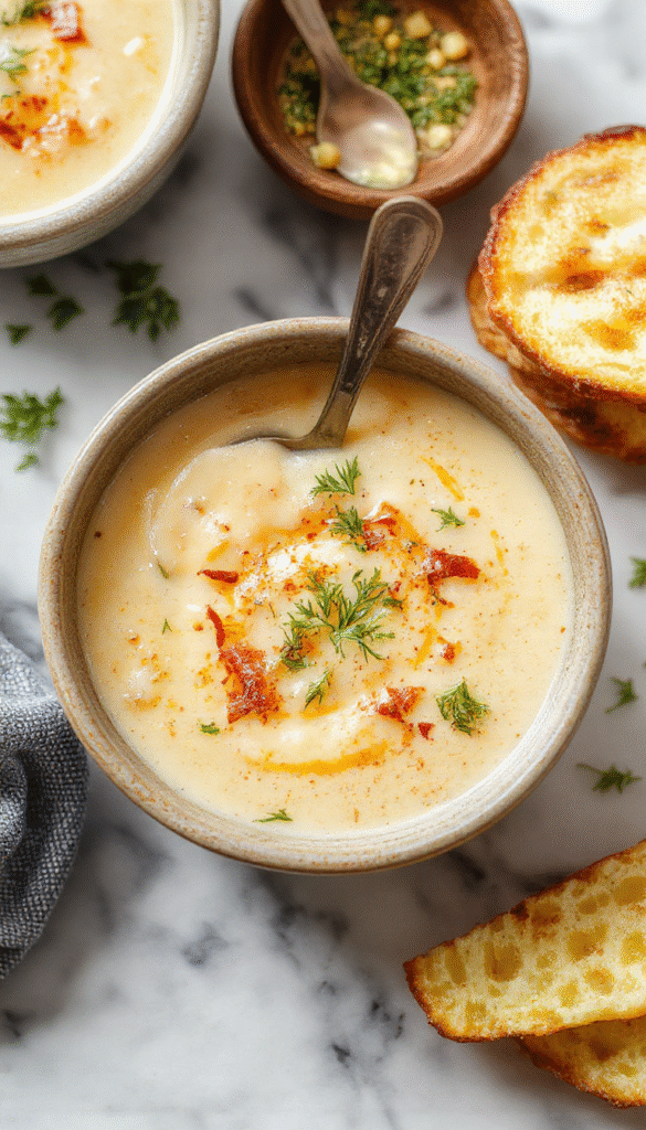 A steaming bowl of creamy potato soup garnished with chopped chives and shredded cheese on a rustic wooden table, with a side of crusty bread, capturing a warm, inviting atmosphere with vibrant yellow and golden hues highlighting the rich texture of the soup.