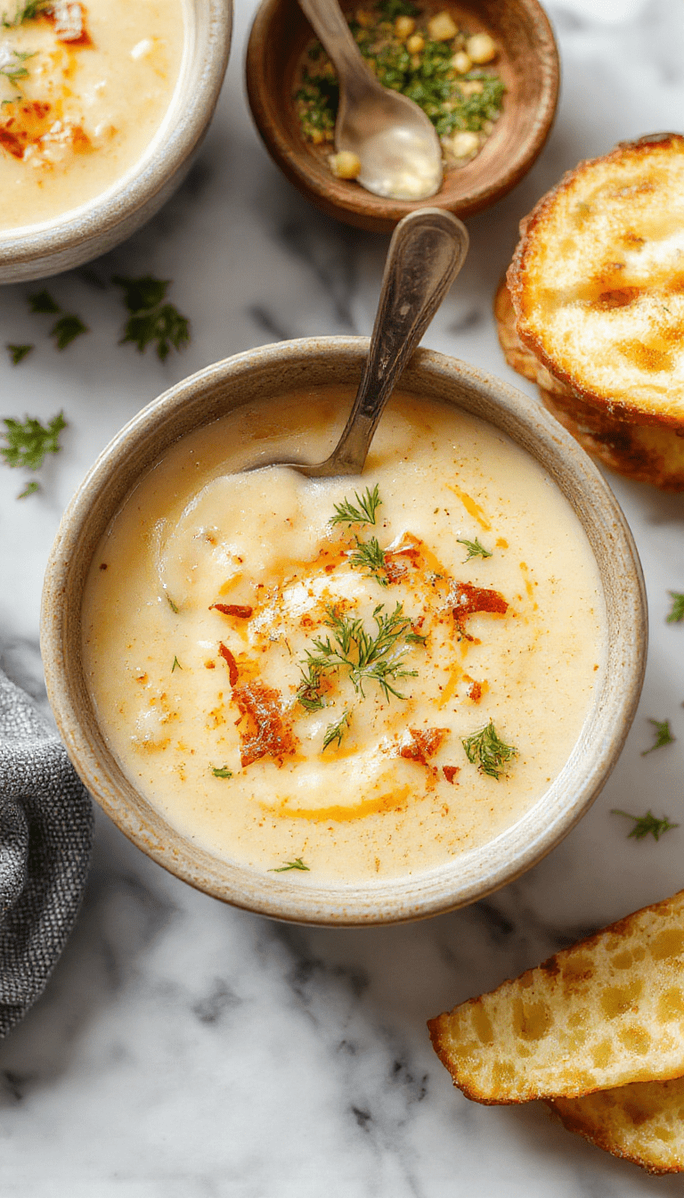A steaming bowl of creamy potato soup garnished with chopped chives and shredded cheese on a rustic wooden table, with a side of crusty bread, capturing a warm, inviting atmosphere with vibrant yellow and golden hues highlighting the rich texture of the soup.