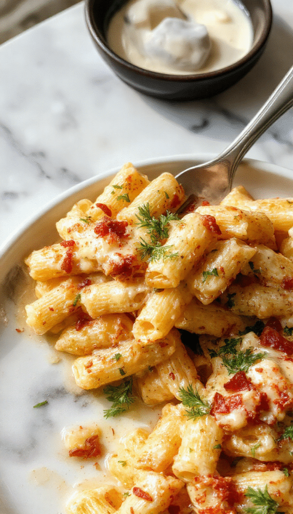 A vibrant plate of creamy Southwest Alfredo Penne Pasta featuring golden-brown pasta coated in a rich, spicy sauce with colorful bell peppers, corn, and chopped cilantro, garnished with shredded cheese and a lime wedge on a rustic wooden table.