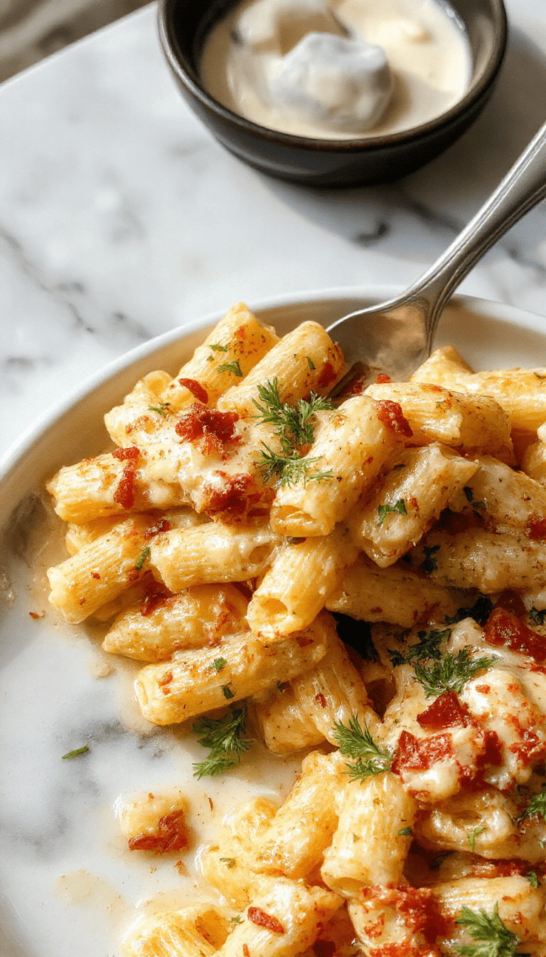 A vibrant plate of creamy Southwest Alfredo Penne Pasta featuring golden-brown pasta coated in a rich, spicy sauce with colorful bell peppers, corn, and chopped cilantro, garnished with shredded cheese and a lime wedge on a rustic wooden table.