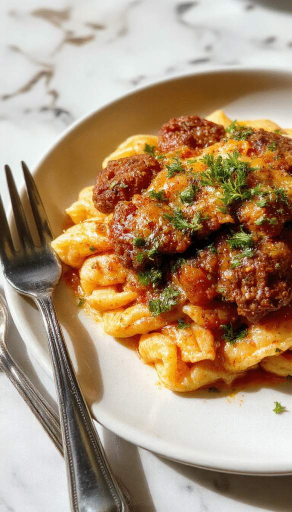 A vibrant plate of ground beef orzo topped with a rich, creamy tomato sauce, garnished with fresh herbs. The dish features tender orzo pasta mixed with browned ground beef, set on a white ceramic plate with a rustic wooden table background, with steam gently rising, highlighting the textures and colors of the creamy sauce and savory beef.