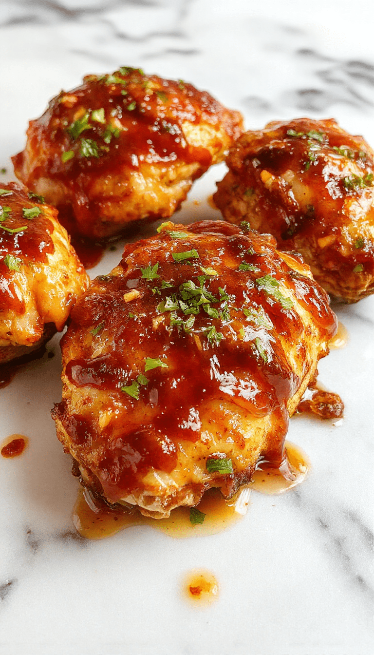 A close-up of golden-brown baked chicken pieces coated in a glossy honey glaze with red chili flakes, arranged on a rustic white plate garnished with green herbs and served alongside vibrant vegetables on a dark wooden table.