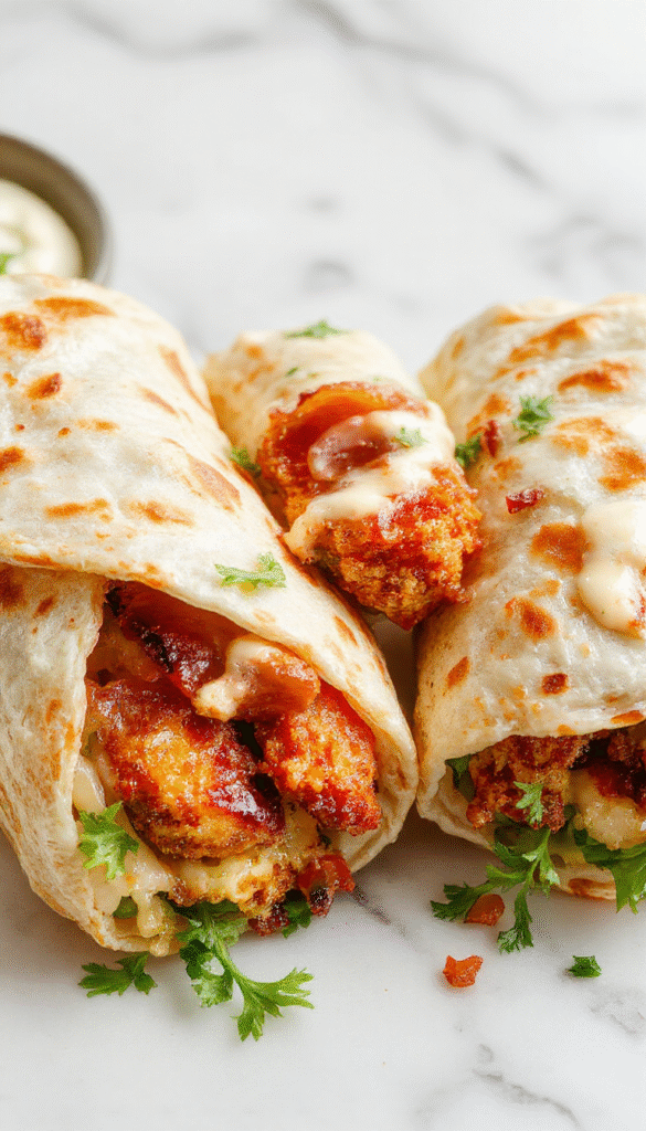 A vibrant plate featuring a crispy chicken bacon ranch wrap cut in half to reveal tender chicken, crispy bacon, fresh lettuce, and creamy ranch sauce, all wrapped in a golden, toasted tortilla with visible textures of grilled chicken and crispy bacon, styled on a rustic plate with colorful sides.