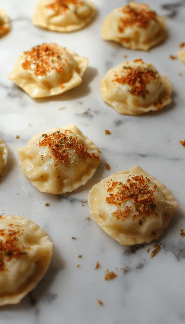 Golden-brown toasted ravioli arranged on a white plate with a side of marinara sauce, garnished with fresh basil. The ravioli are crispy on the outside, with a melty cheese filling visible through slight cracks. The background includes a rustic wooden serving board, and the image has warm lighting highlighting the texture and inviting appeal of the dish.