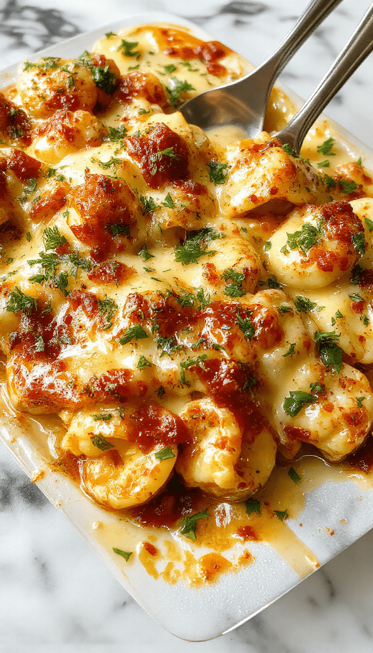 Colorful baked tortellini casserole on a rustic wooden surface topped with melted golden cheese, sprinkled with fresh basil and cherry tomatoes, showcasing creamy, cheesy textures and vibrant ingredients in an inviting presentation.