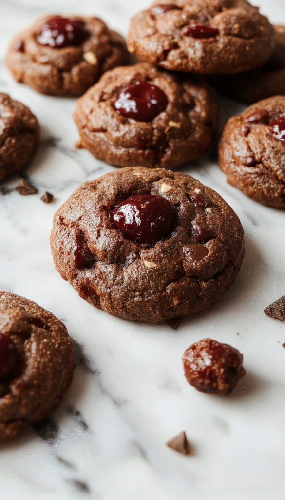 A close-up of the beautifully baked Chocolate Cherry Cookies stacked on a rustic wooden plate, showcasing their glossy chocolate exterior dotted with vibrant red cherry pieces, with a few cookies slightly broken to reveal their gooey cherry filling inside. The background features a soft, warm setting with natural light highlighting the rich textures and glossy finish of the cookies.