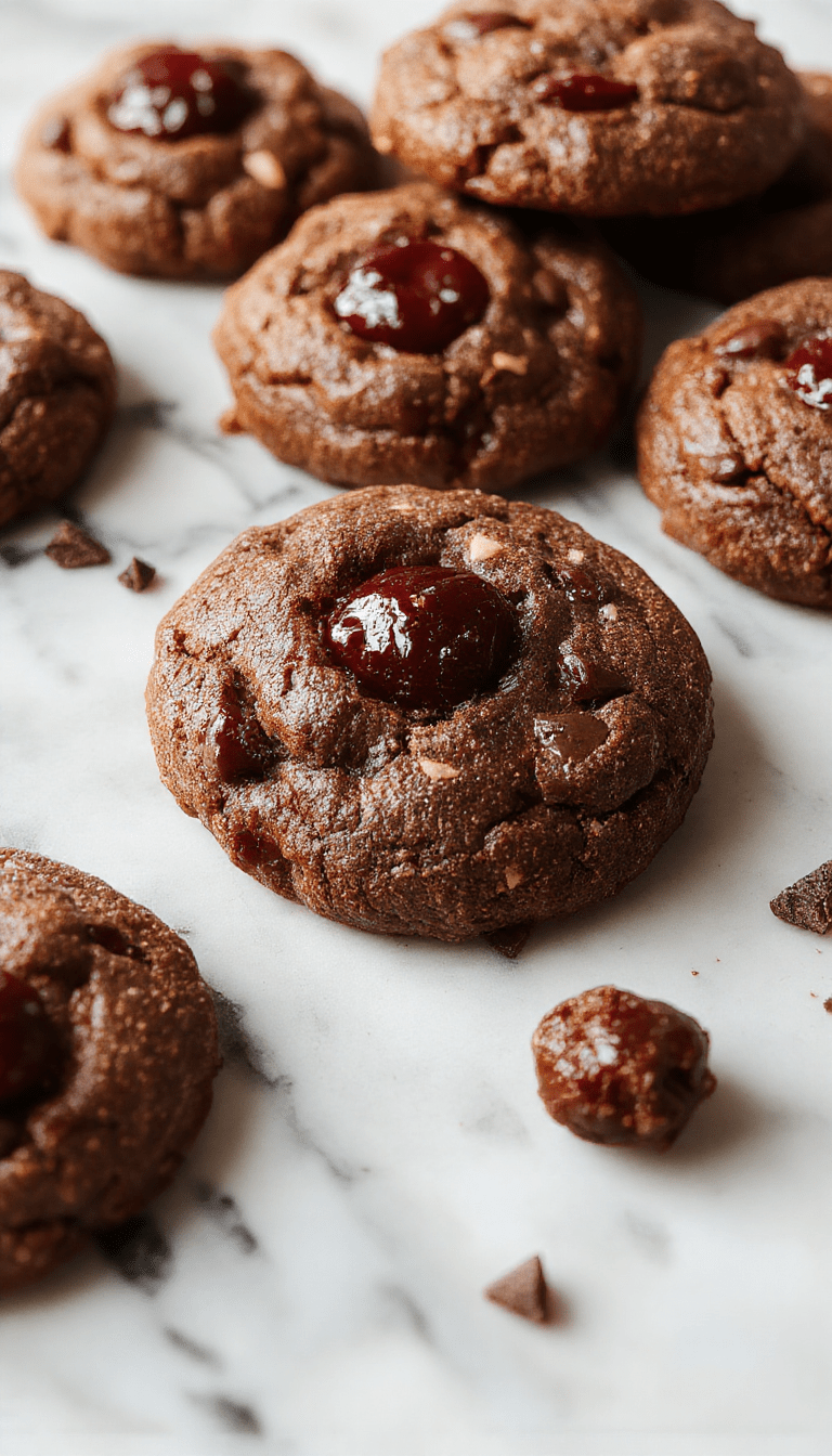 A close-up of the beautifully baked Chocolate Cherry Cookies stacked on a rustic wooden plate, showcasing their glossy chocolate exterior dotted with vibrant red cherry pieces, with a few cookies slightly broken to reveal their gooey cherry filling inside. The background features a soft, warm setting with natural light highlighting the rich textures and glossy finish of the cookies.
