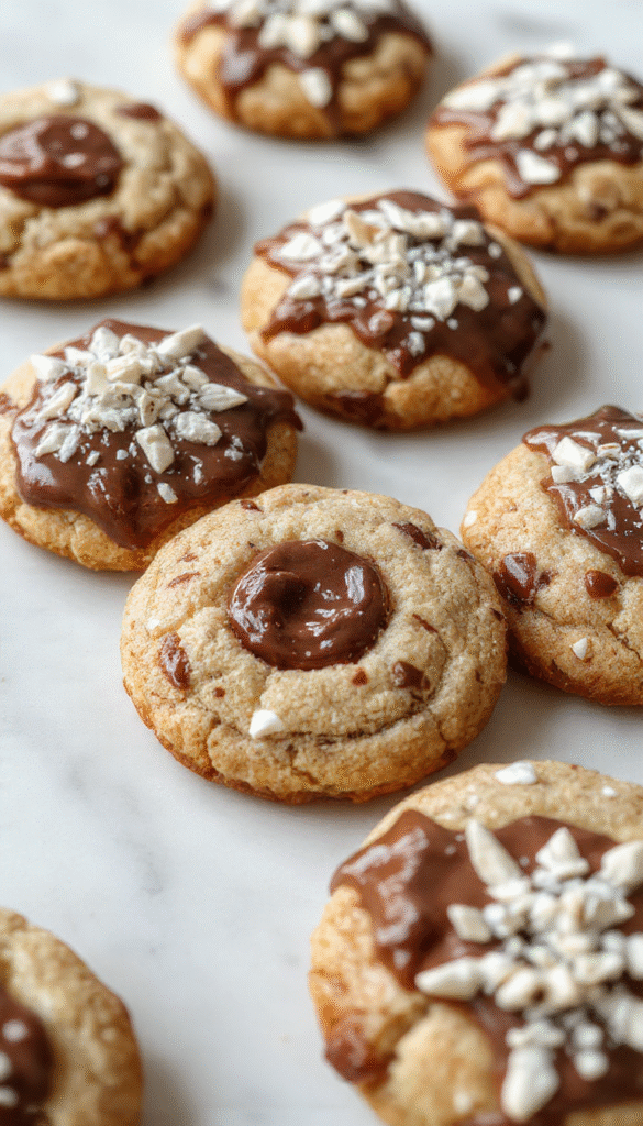 Colorful Nutella Linzer cookies arranged on a rustic wooden platter with powdered sugar dusted on top, showcasing their intricate lattice pattern and glossy hazelnut spread filling, set against a soft pastel background with a few whole hazelnuts for garnish.