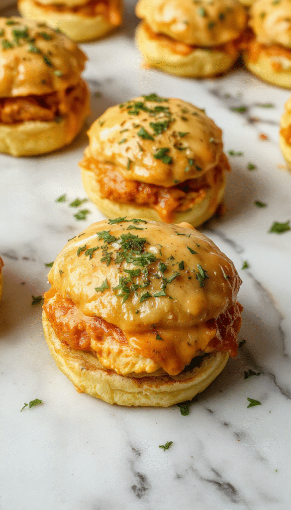 A close-up shot of fluffy slider buns filled with spicy buffalo chicken, topped with creamy dressing and crunchy celery, arranged on a rustic wooden tray, vibrant colors and appealing textures