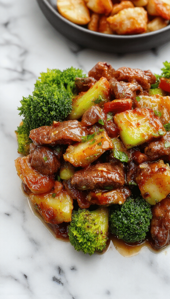 A vibrant plate of Chinese beef and broccoli stir-fry showcasing tender beef slices coated in glossy sauce, paired with crisp green broccoli florets, garnished with sesame seeds and green onions, served on a white ceramic plate with chopsticks on the side.
