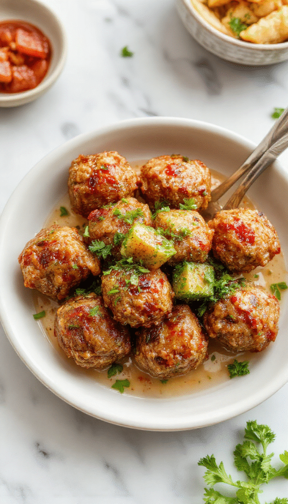 Christmas brown glazed Mongolian meatballs served on a white plate, garnished with chopped green onions and sesame seeds, with a shiny sauce coating the tender beef balls, styled with a rustic wooden background and festive accents.