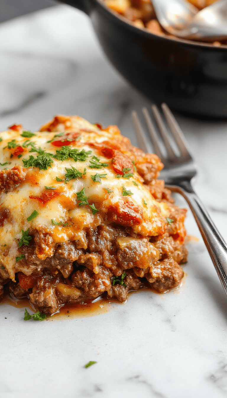A rustic white plate featuring a hearty hobo casserole with ground beef, mixed vegetables, melted cheese topping, garnished with chopped herbs, all styled on a wooden table with a cozy kitchen background.